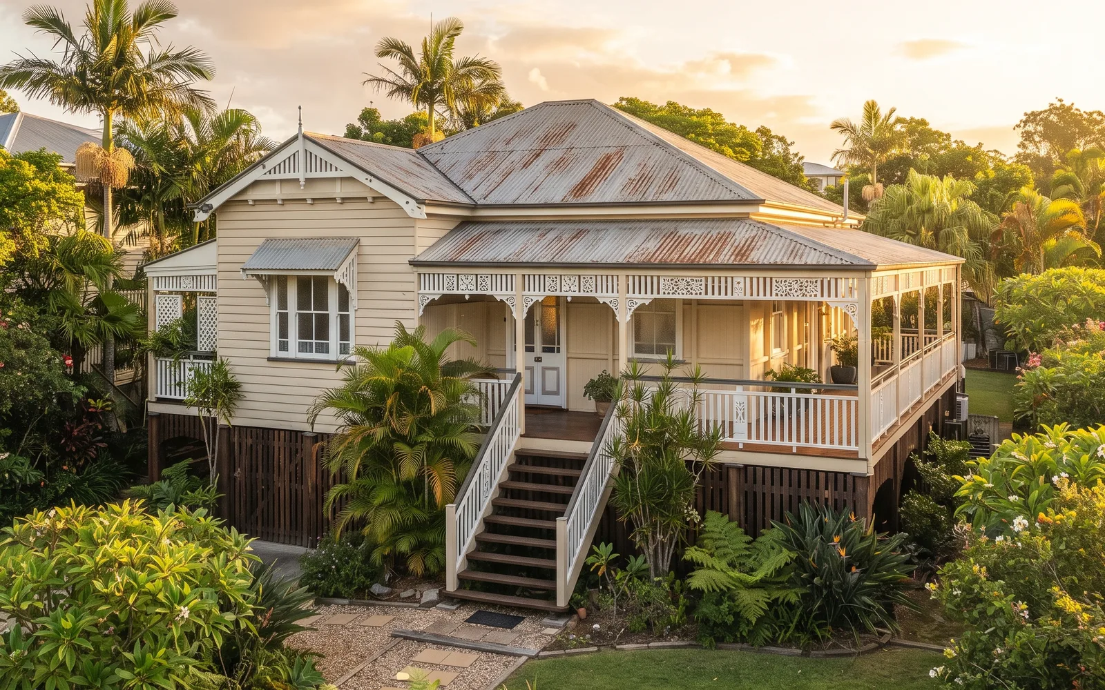 Brisbane Queenslander home with a sold sign in warm afternoon light
