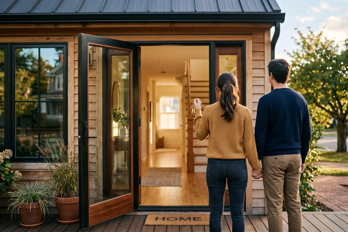 First home buyer at the front door of a new Brisbane home