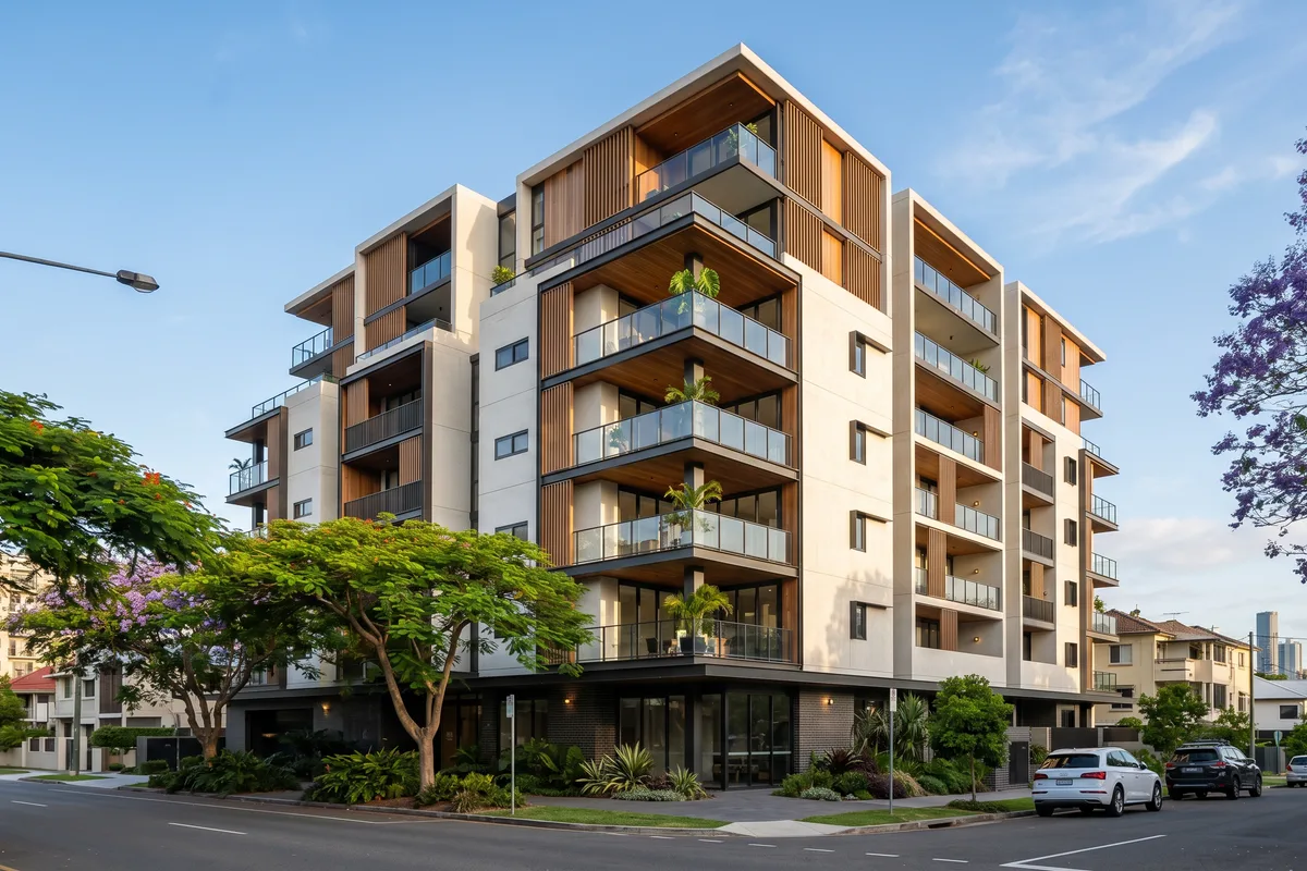 Floor plans and a Brisbane apartment development under construction