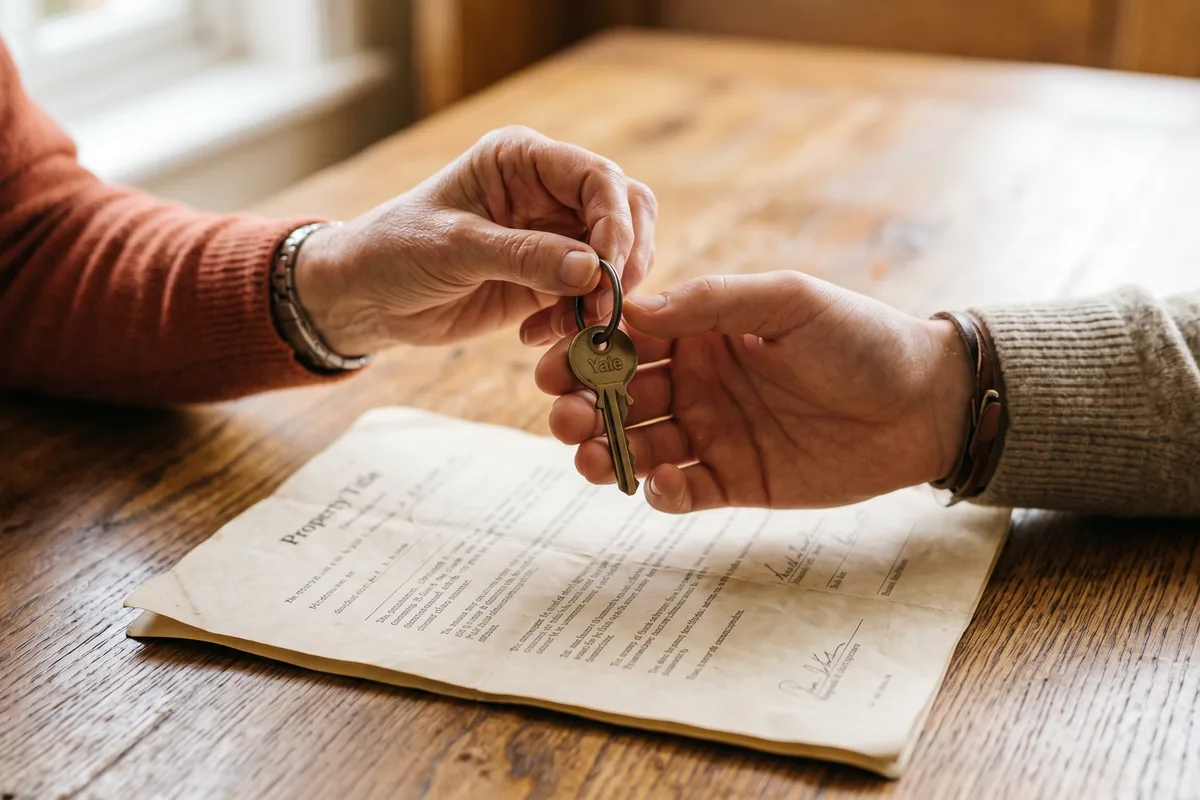 A house key and title document exchanged in a property transfer